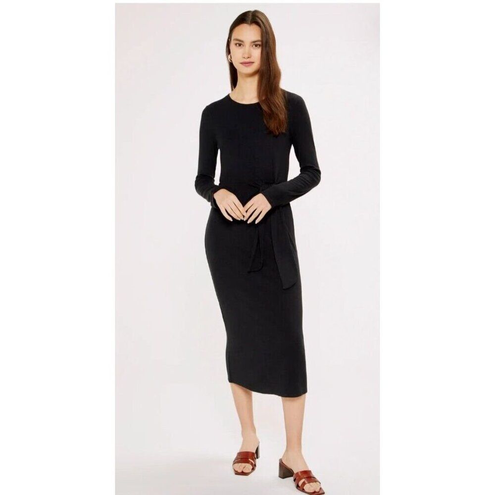 Three Dots Karen Dress XL Black Side-Tie Ribbed Long Sleeve Midi Length Modest